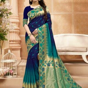 Blue x Cement Green Silk Weaving Saree