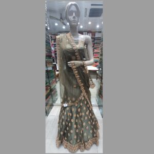 Net Cement Green Embroidered Lehenga