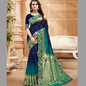 Blue x Cement Green Silk Weaving Saree