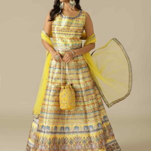 Yellow Printed Silk Gown with Net Dupatta