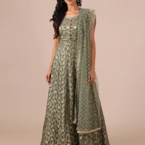 Mehendi Color Khaddi Georgette Gown With Net Dupatta