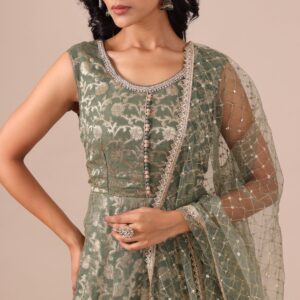 Mehendi Color Khaddi Georgette Gown With Net Dupatta