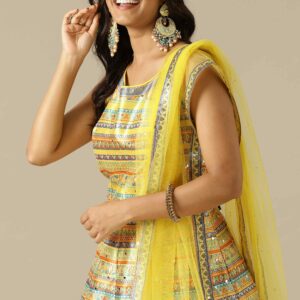 Yellow Printed Silk Gown with Net Dupatta